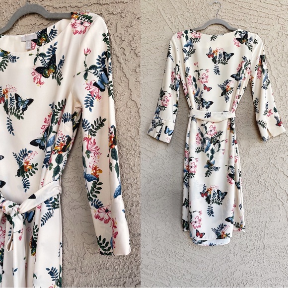 H&M Cream Blue & Pink Butterfly Floral Printed 3/4 Sleeve Belted Boatneck Dress - Picture 14 of 17